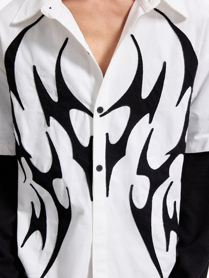 Fake Layered Flame Patch Embroidery Short Sleeve Shirt WN27296