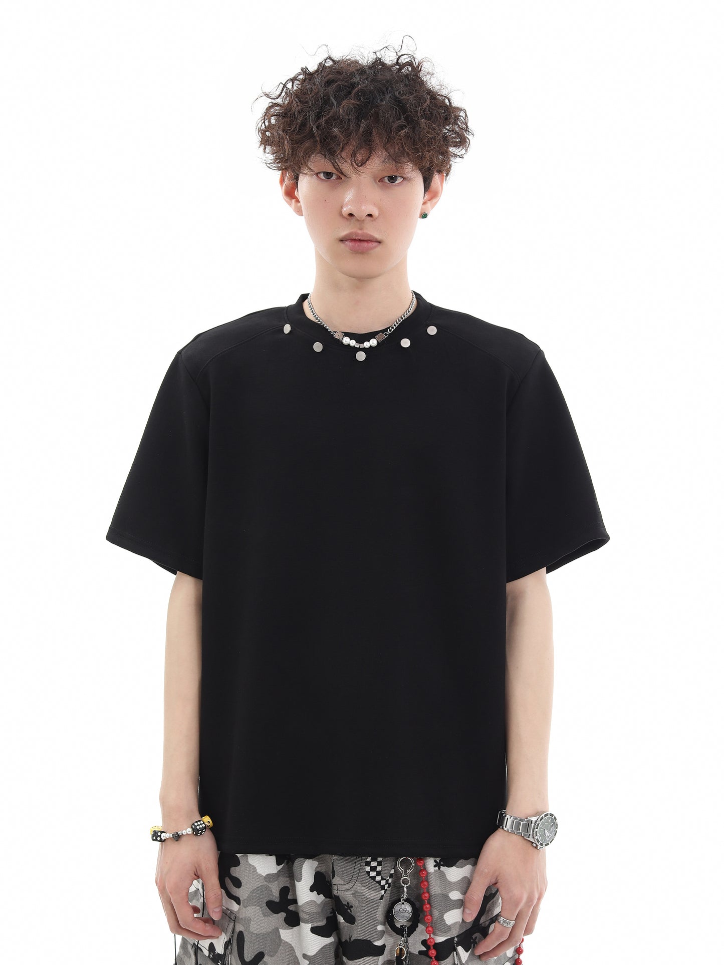 Metal Button Oversize Short Sleeve T-Shirt WN15665