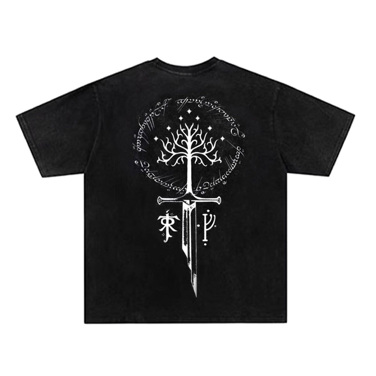 Washed Broken Sword Sacred Tree Print Short Sleeve T-Shirt WN26903