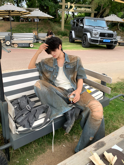 Damage Washed Denim Jacket & Wide Leg Denim Jeans Setup WN19728