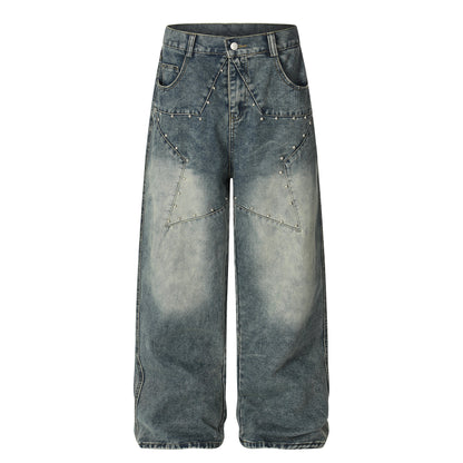 Star Patch Rivet Wide Leg Denim Jeans WN25585