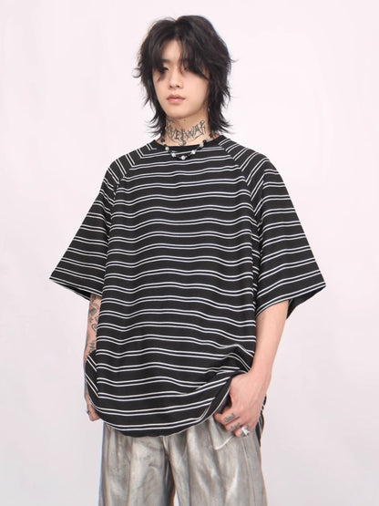 Oversize Striped Round Neck Short Sleeve T-shirt WN6536