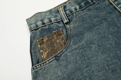 Washed Leopard Panel Curved Denim Jeans WN25514