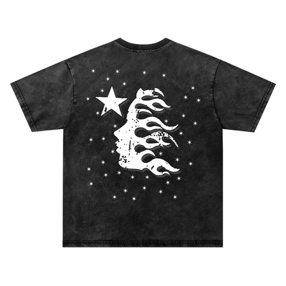 Washed Star Flame Face Print Short Sleeve T-Shirt WN26935