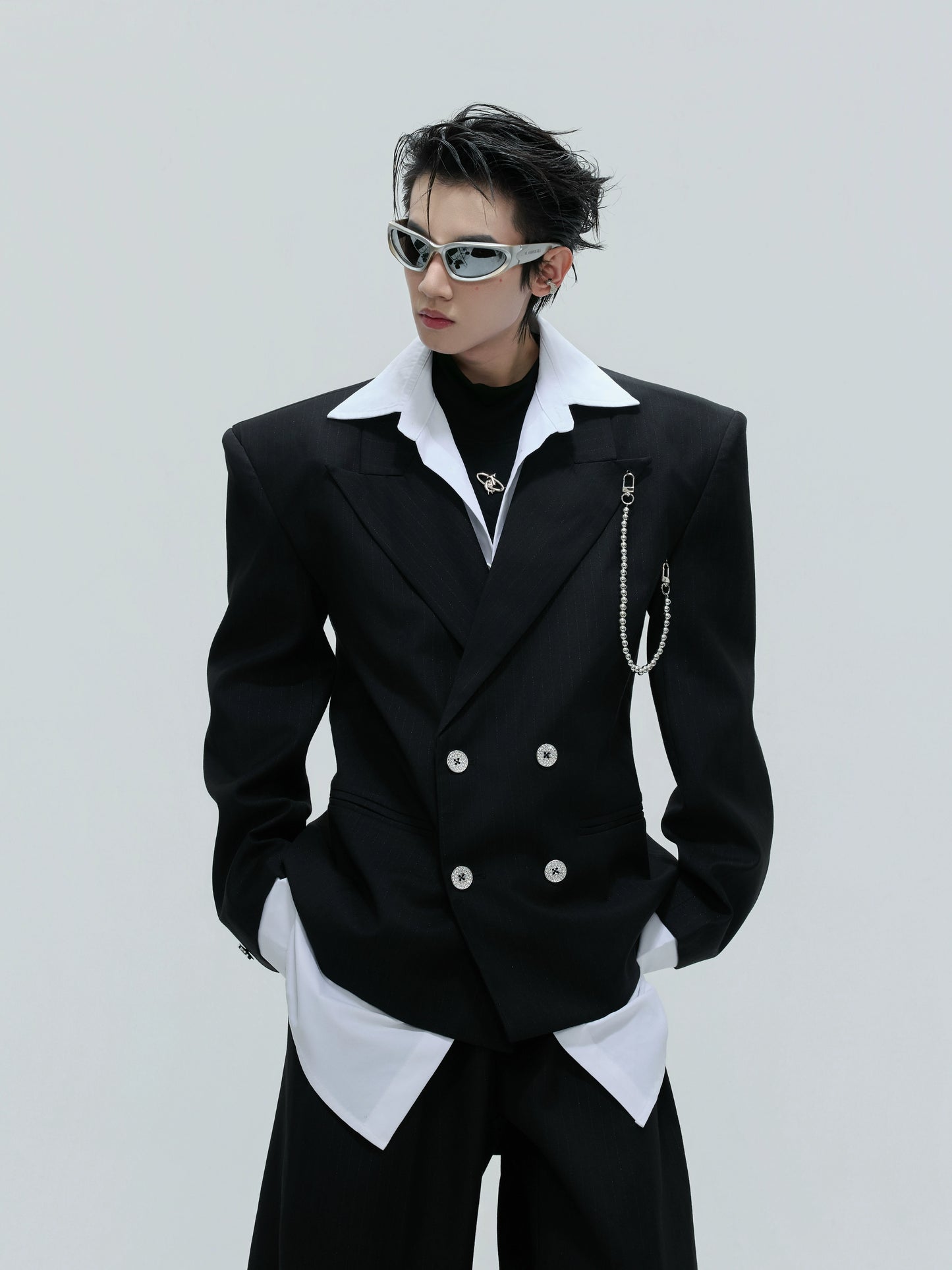 Pearl Chain Waist-Fitted Shoulder-Pad Double Layer Tailored Jacket & Trousers Setup WN21730