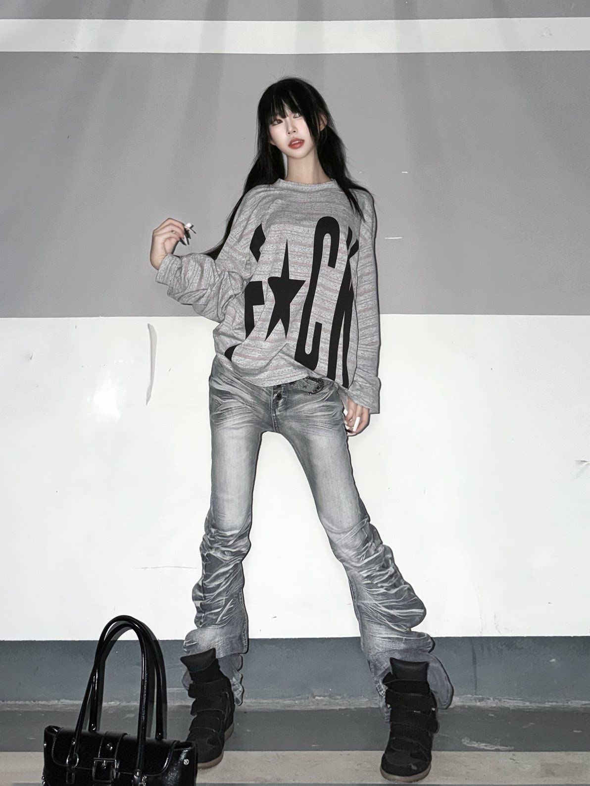 Contrast Stripe Slogan Print Oversize Long Sleeve T-Shirt WN27321