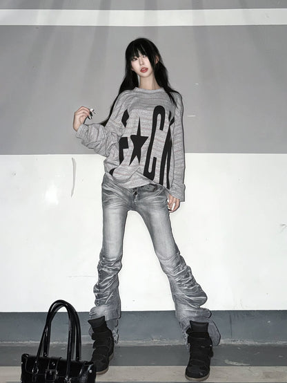 Contrast Stripe Slogan Print Oversize Long Sleeve T-Shirt WN27321