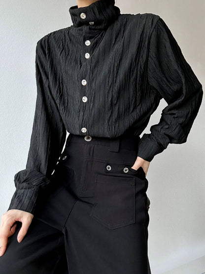 Wave Design Stand Neck Long Sleeve Shirt WN19642