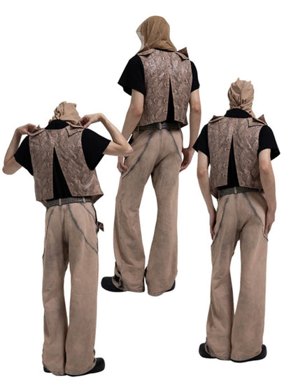 Washed Deconstructed Wide-Leg Straight Denim Jeans WN17051