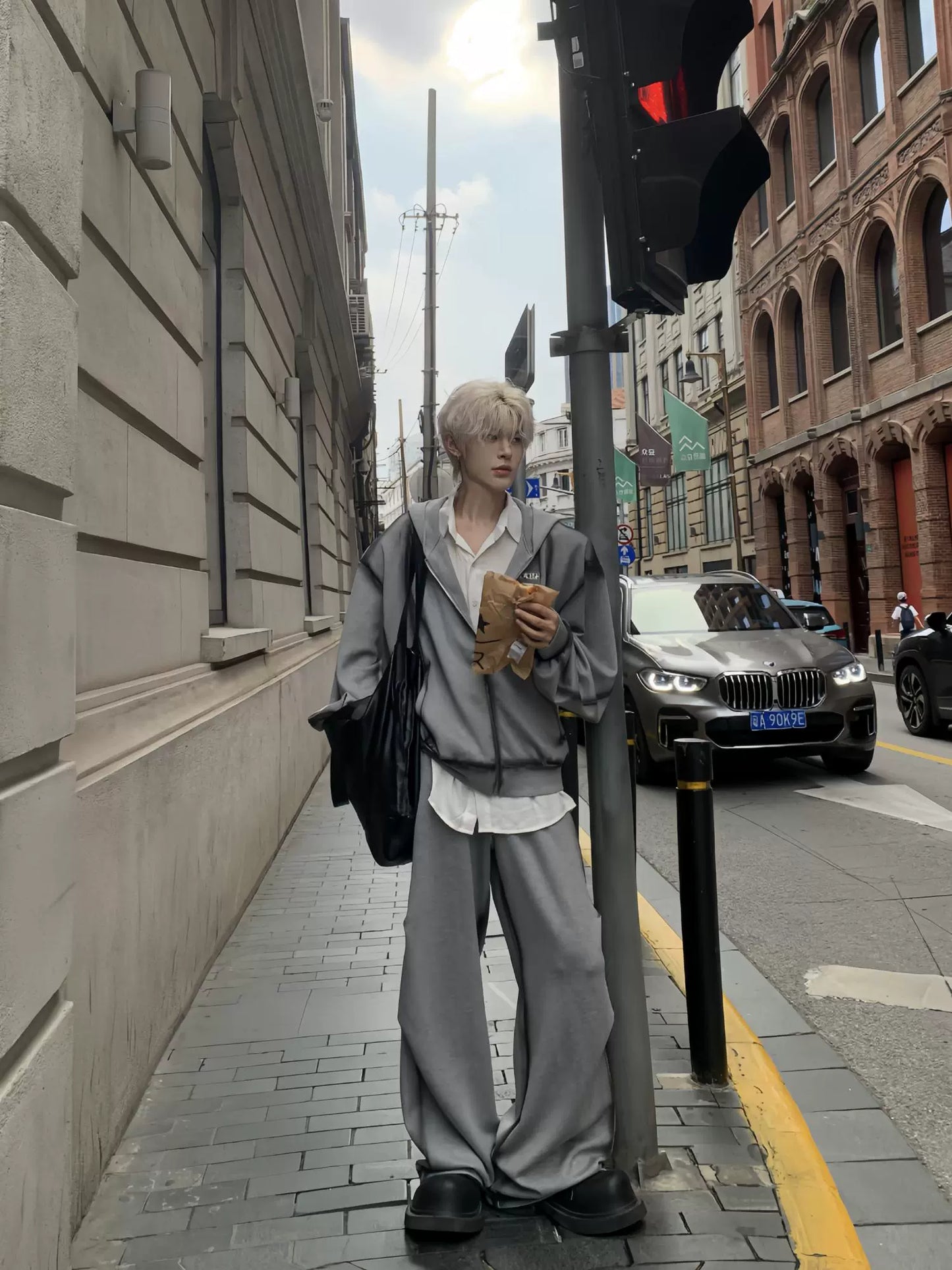 Wrinkle Design Zipper Hoodie & Wide Leg Pants Setup WN19905