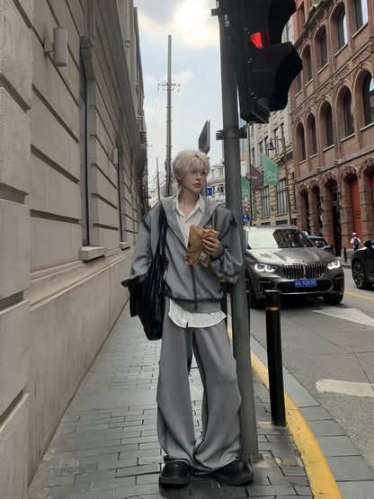 Wrinkle Design Zipper Hoodie & Wide Leg Pants Setup WN19905