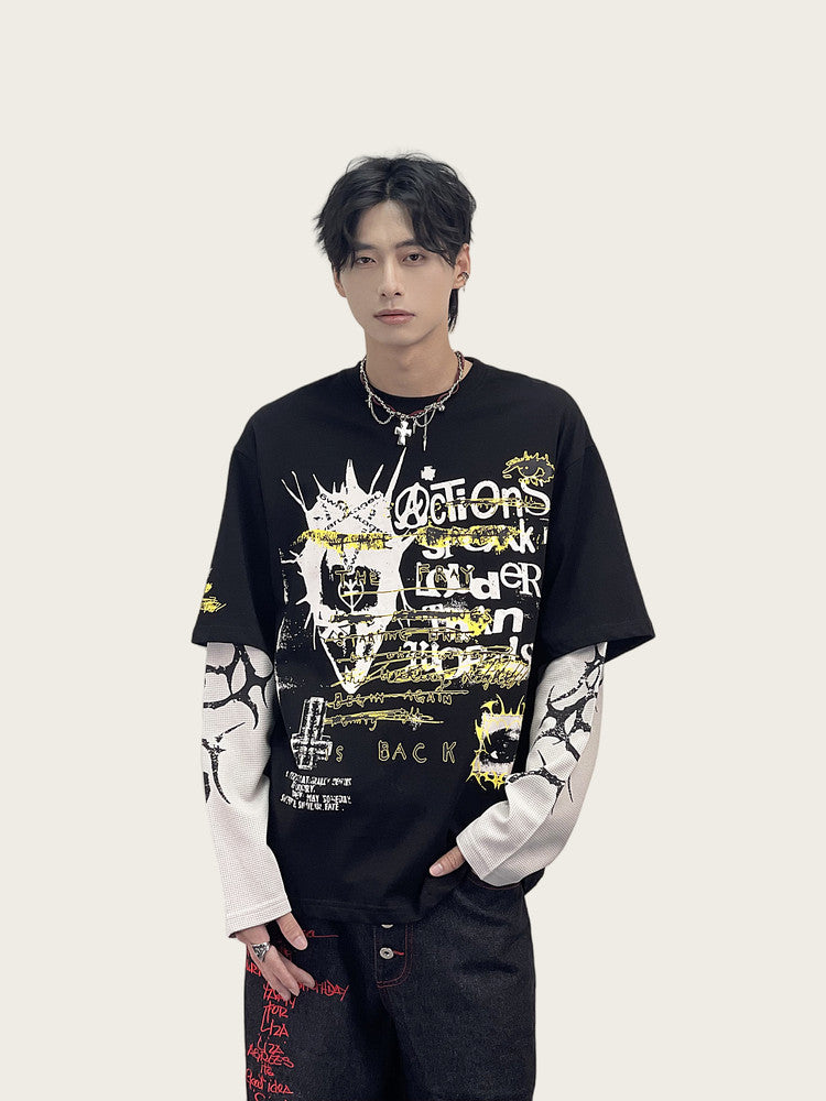 Fake Layered Graphic Print Oversize Long Sleeve T-Shirt WN24285