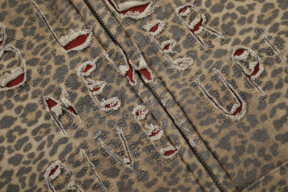 Leopard Cutout Damage Letter Zipper Hoodie WN28110