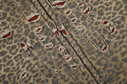Leopard Cutout Damage Letter Zipper Hoodie WN28110