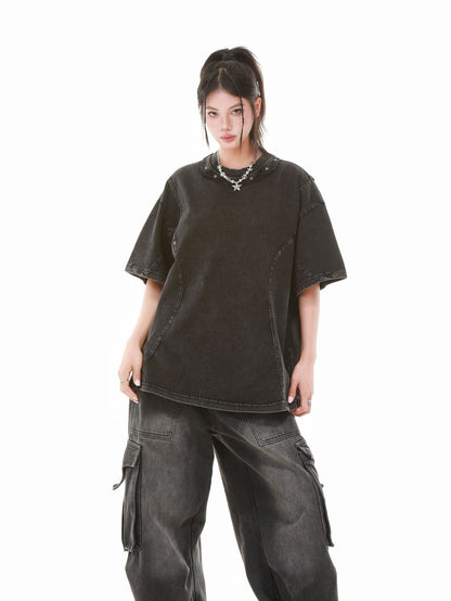 Heavy Washed Fade Stitching Short Sleeve T-Shirt WN25671