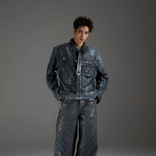 Hand-Paint Silver Brush Patchwork Denim Jacket & Straight-Leg Denim Jeans Setup WN13557