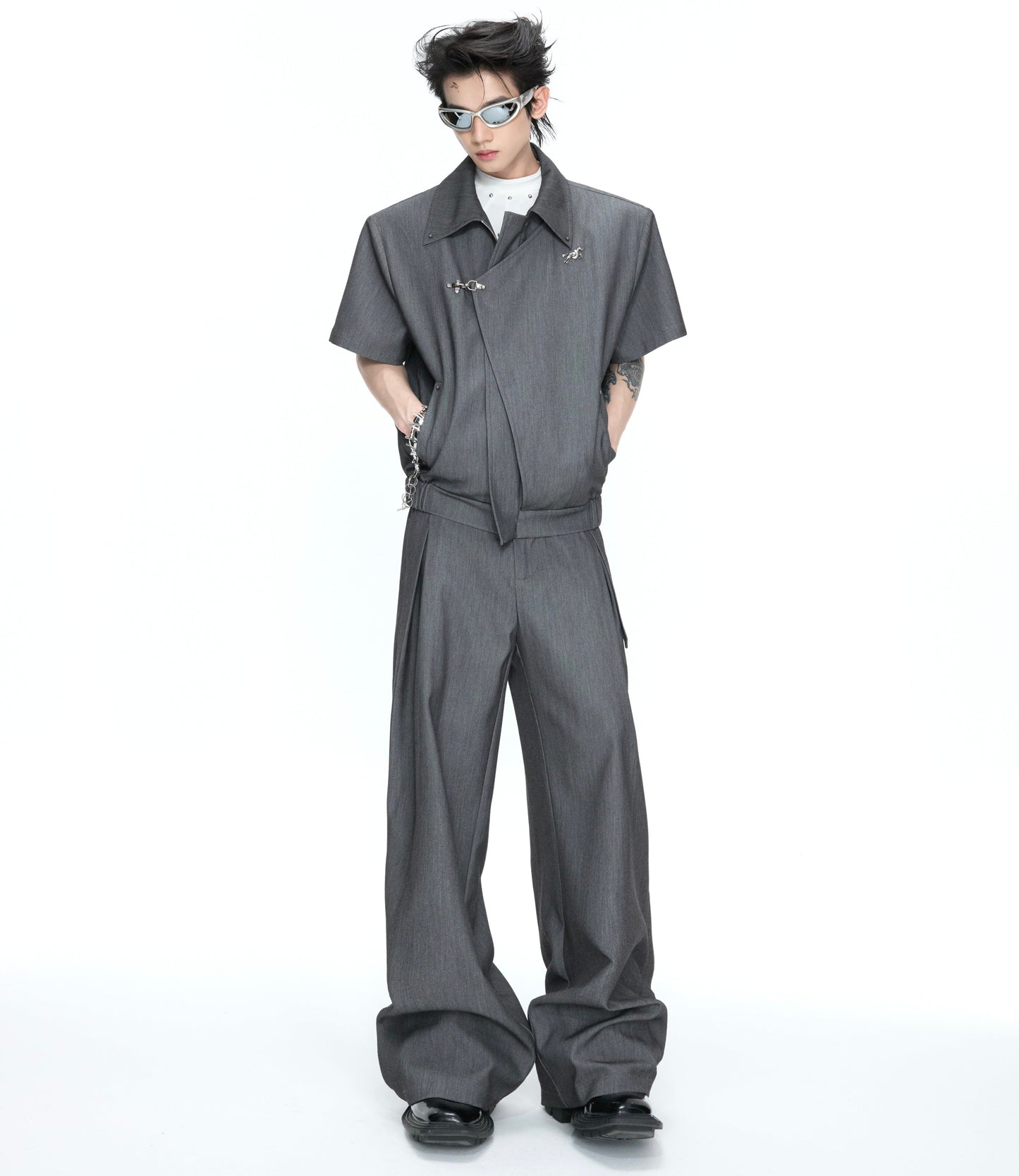 Asymmetric Fake Layered Shoulder Pad Short Jacket & Wide Leg Pants Setup WN26975