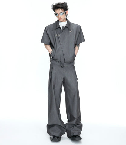 Asymmetric Fake Layered Shoulder Pad Short Jacket & Wide Leg Pants Setup WN26975