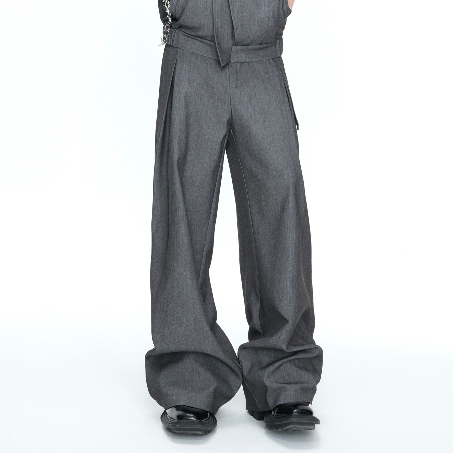 Asymmetric Fake Layered Shoulder Pad Short Jacket & Wide Leg Pants Setup WN26975