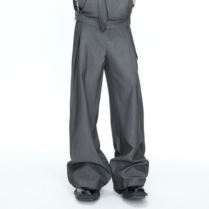 Asymmetric Fake Layered Shoulder Pad Short Jacket & Wide Leg Pants Setup WN26975