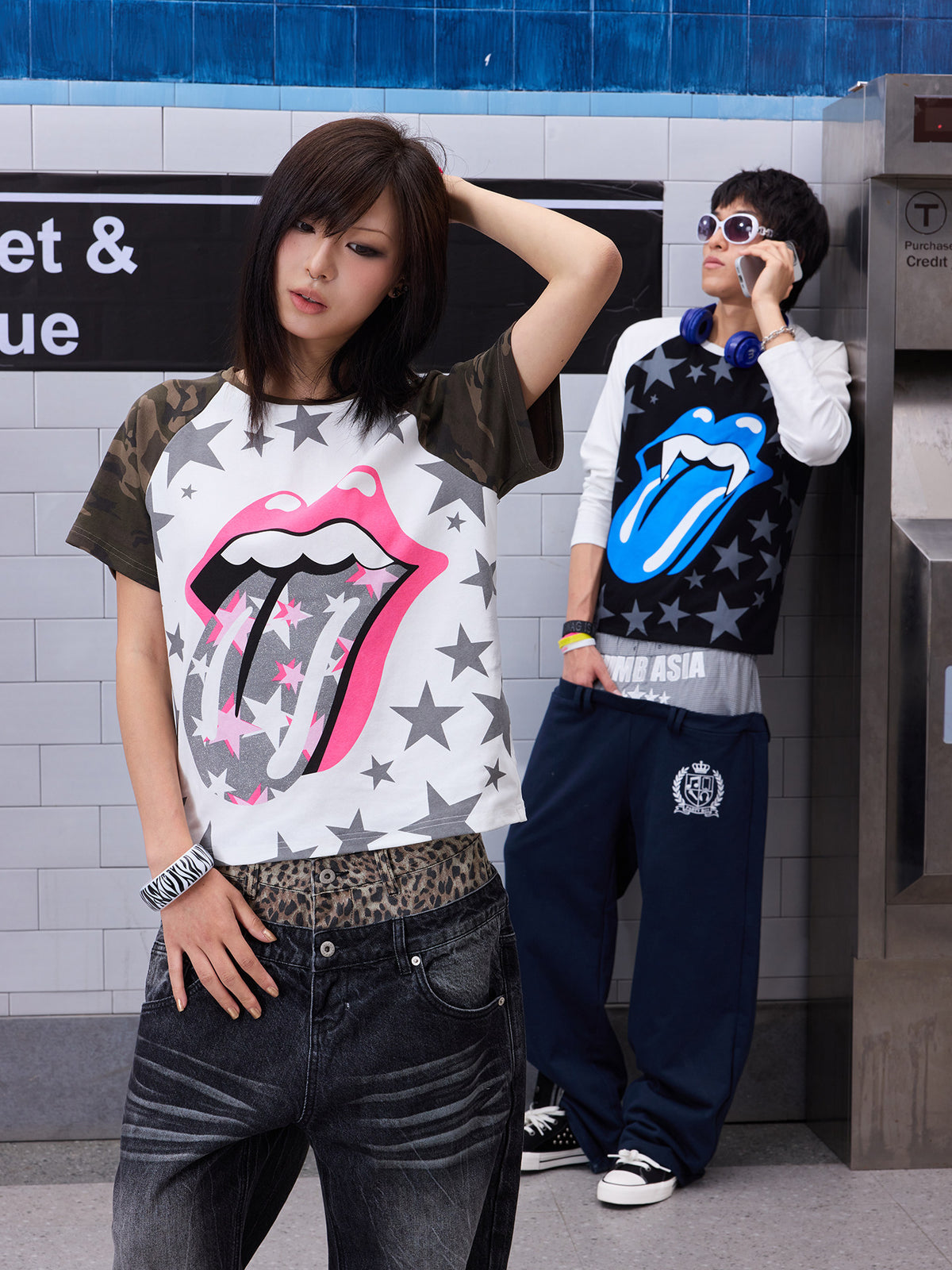 Raglan Camo Star Lip Graphic Print Long Sleeve T-Shirt & Short Sleeve Shirt WN27192