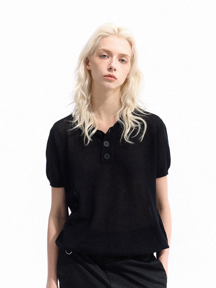 Openwork Polo-Collar Knit Short Sleeve T-Shirt WN27149