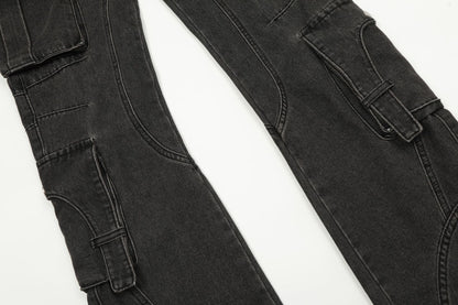 Washed Multipocket Flare Cargo Denim Jeans WN11370