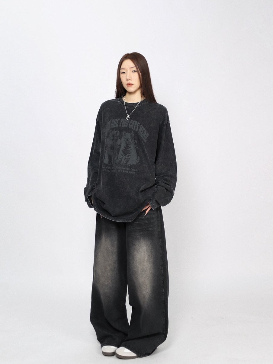 Cat Graphic Print Oversize Long Sleeve T-Shirt WN24486