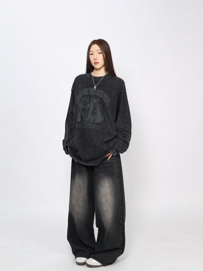 Cat Graphic Print Oversize Long Sleeve T-Shirt WN24486