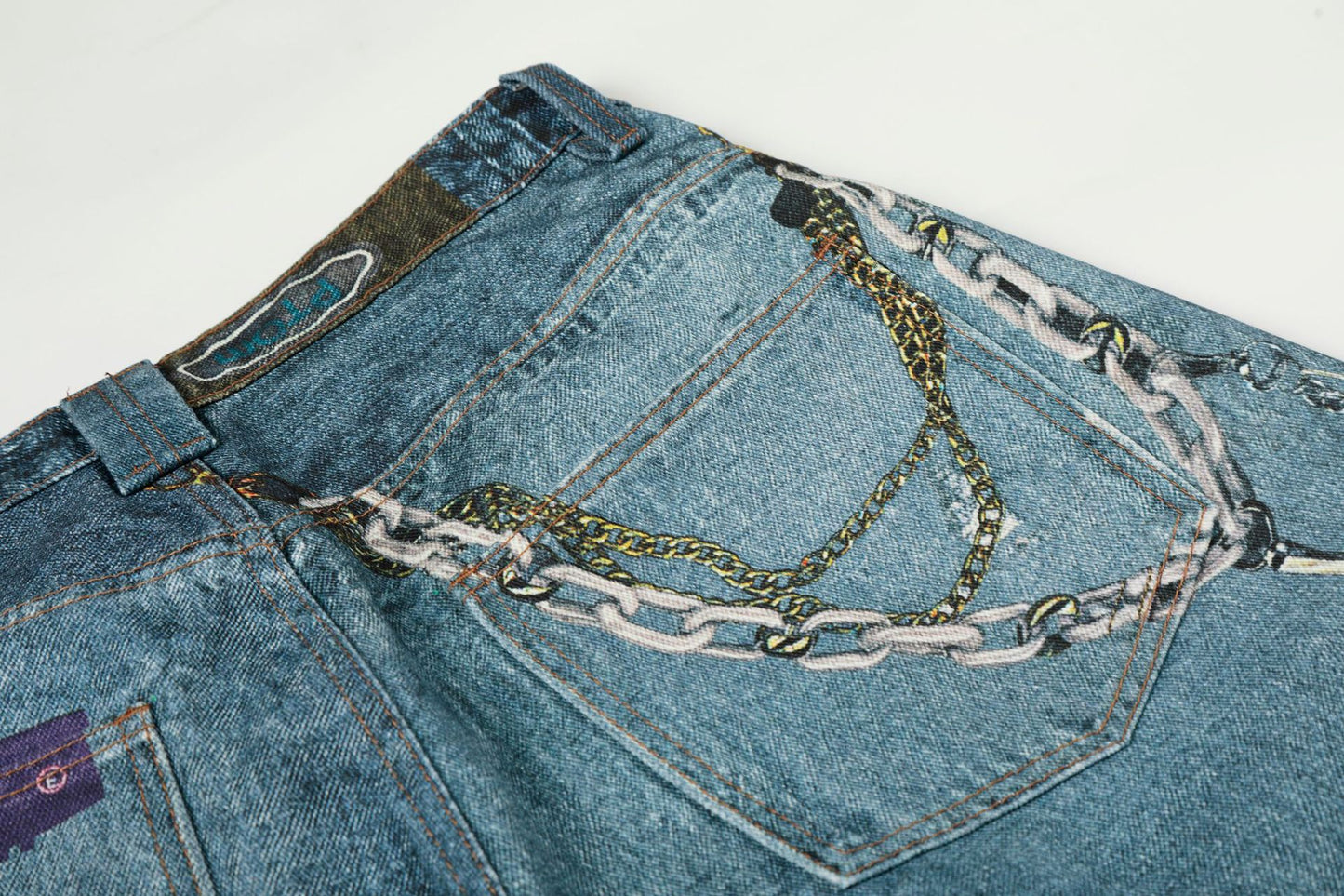 Washed 3D Print Curved Wide Leg Denim Jeans WN25920