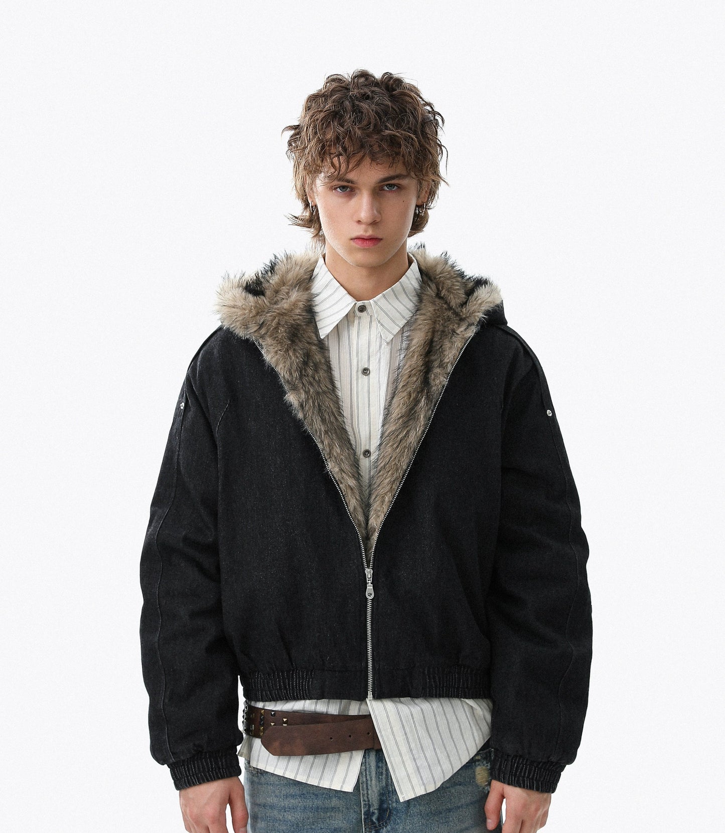 Fake Fur-Collar Deconstructed Thick Denim Jacket WN22110