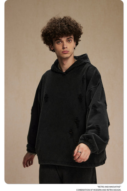 Oversize Drawstring Damage Hoodie WN9974