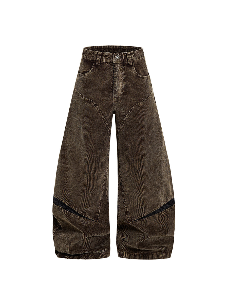 Corduroy Deconstructed Patchwork Curved Wide Leg Denim Jeans WN24216