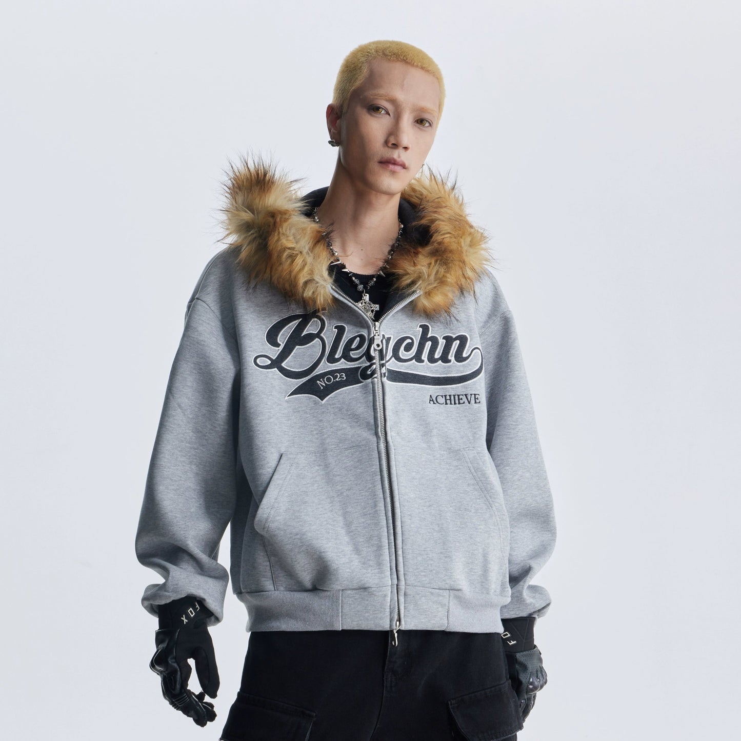 Fake Fur Design Embroidery Letter Oversize Zipper Hoodie WN20822