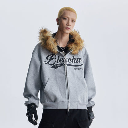 Fake Fur Design Embroidery Letter Oversize Zipper Hoodie WN20822