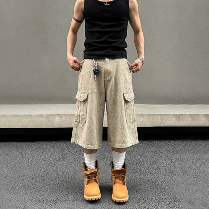 Marble Pattern Washed Wide Leg Cargo Half Pants WN19544