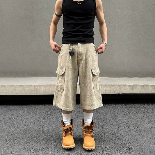 Marble Pattern Washed Wide Leg Cargo Half Pants WN19544