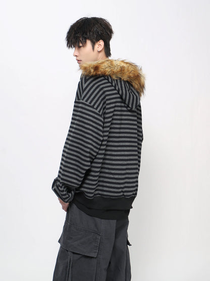 Stripe Detachable Fur Collar Zipper Hoodie WN21027