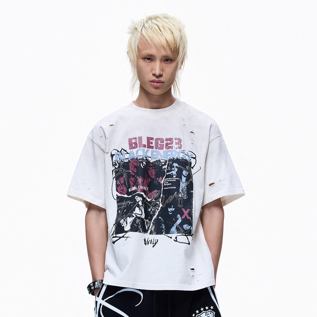 Ripped Wash Band Print Oversize Short Sleeve T-Shirt WN27360