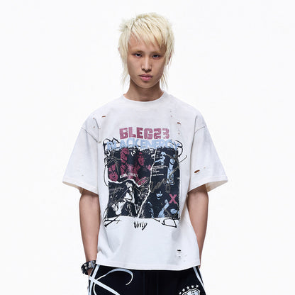 Ripped Wash Band Print Oversize Short Sleeve T-Shirt WN27360