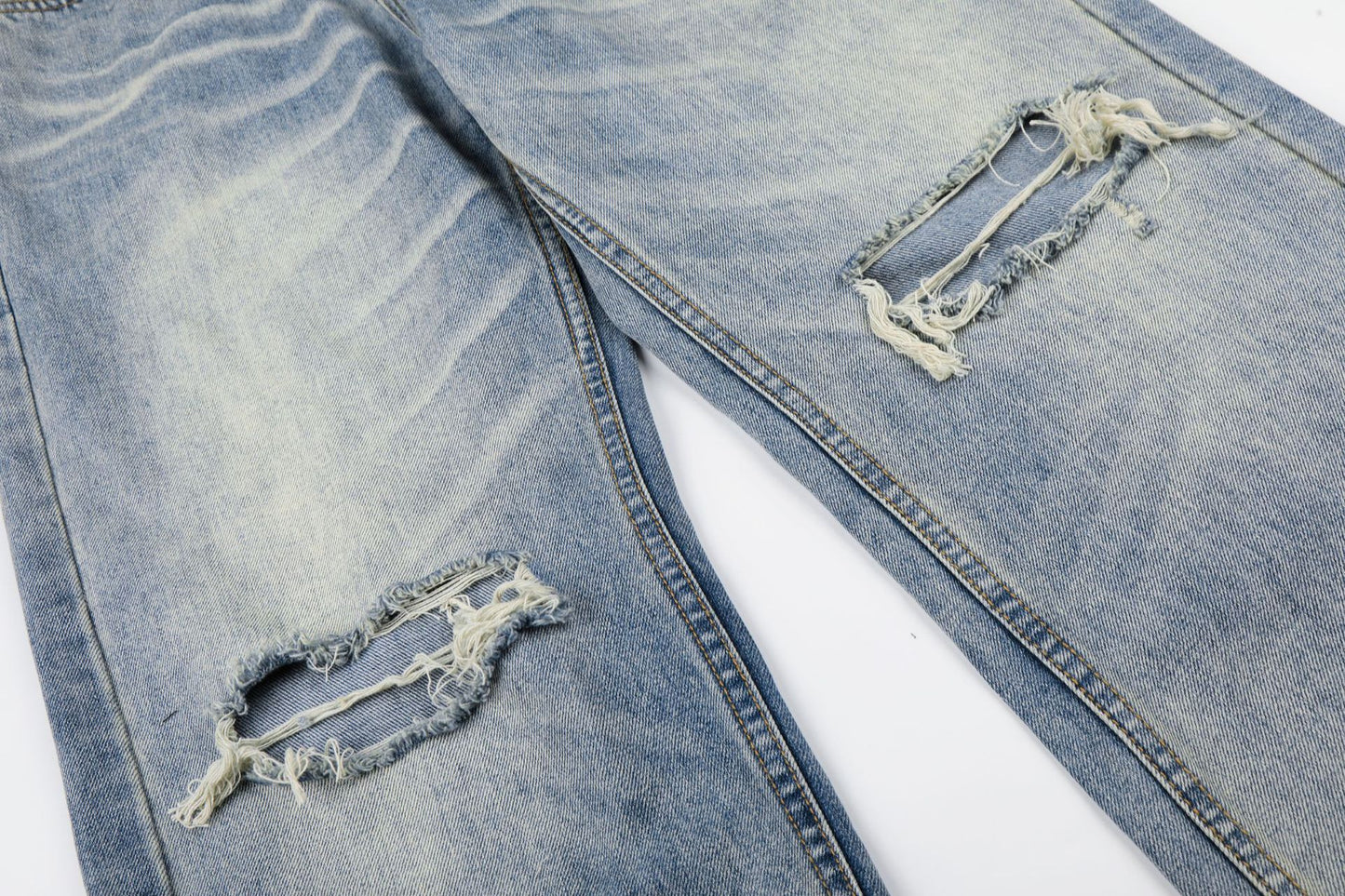 Washed Damage Whisker Wide Leg Denim Jeans WN26019