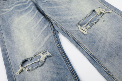 Washed Damage Whisker Wide Leg Denim Jeans WN26019