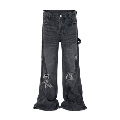 Whisker Rip Damage Stacked Flare Denim Jeans WN16949