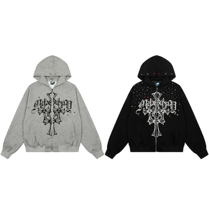 Rhinestone Cross Design Zipper Hoodie WN23057