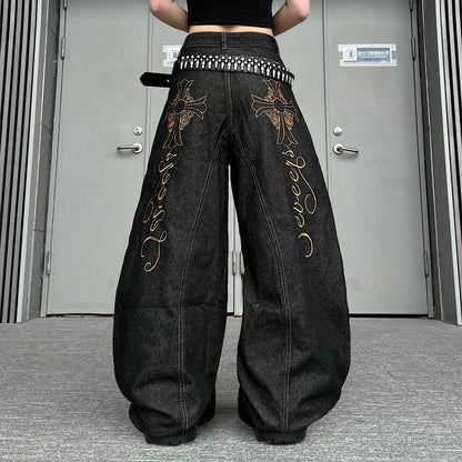 Embroidery Wash Wide Leg Denim Jeans WN24185