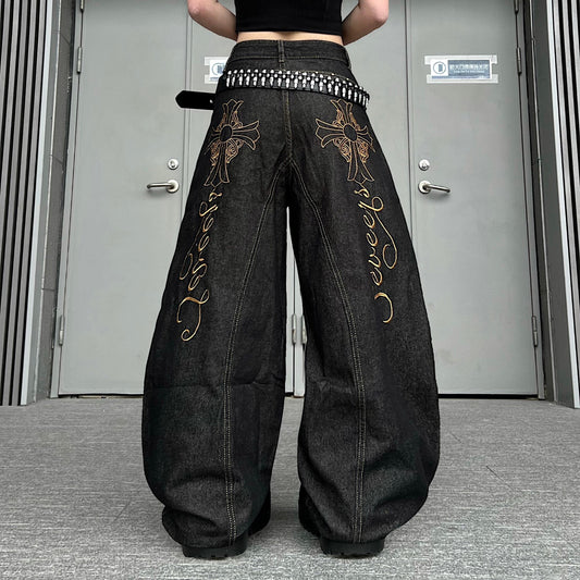 Embroidery Wash Wide Leg Denim Jeans WN24185
