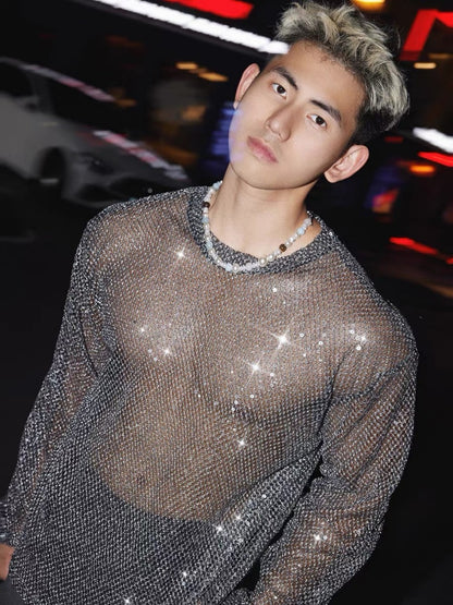 Sequin Mesh Sheer Oversize Long Sleeve T-Shirt WN27946