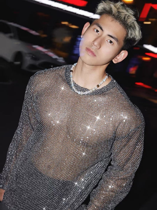 Sequin Mesh Sheer Oversize Long Sleeve T-Shirt WN27946