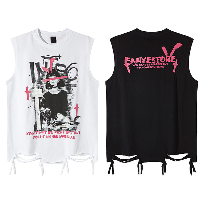 Graphic Print Damage Sleeveless T-Shirt WN16804