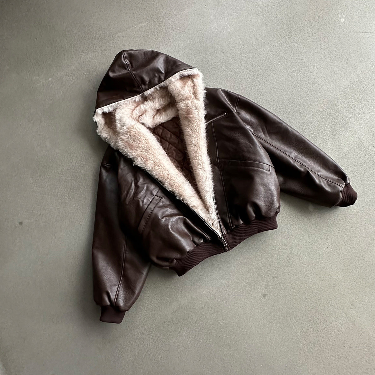 Hooded Fake Fur Lining Zip-Up PU Leather Jacket WN23081